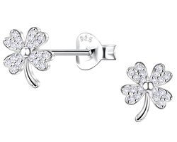 Joy|S - Zilveren klaver oorbellen - 6 x 7 mm - klavertje vier - zirkonia - sterling zilver 925 - dames oorknopjes