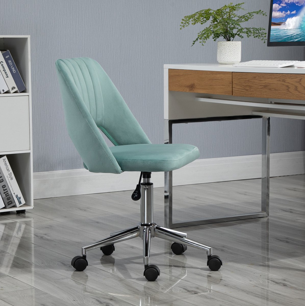 OKWISH Bureaustoel – Verstelbare Hoogte en Draaibare Zitting – Zonder Armleuningen – Voor Thuiswerkplek of Slaapkamer – Polyester – Groen
