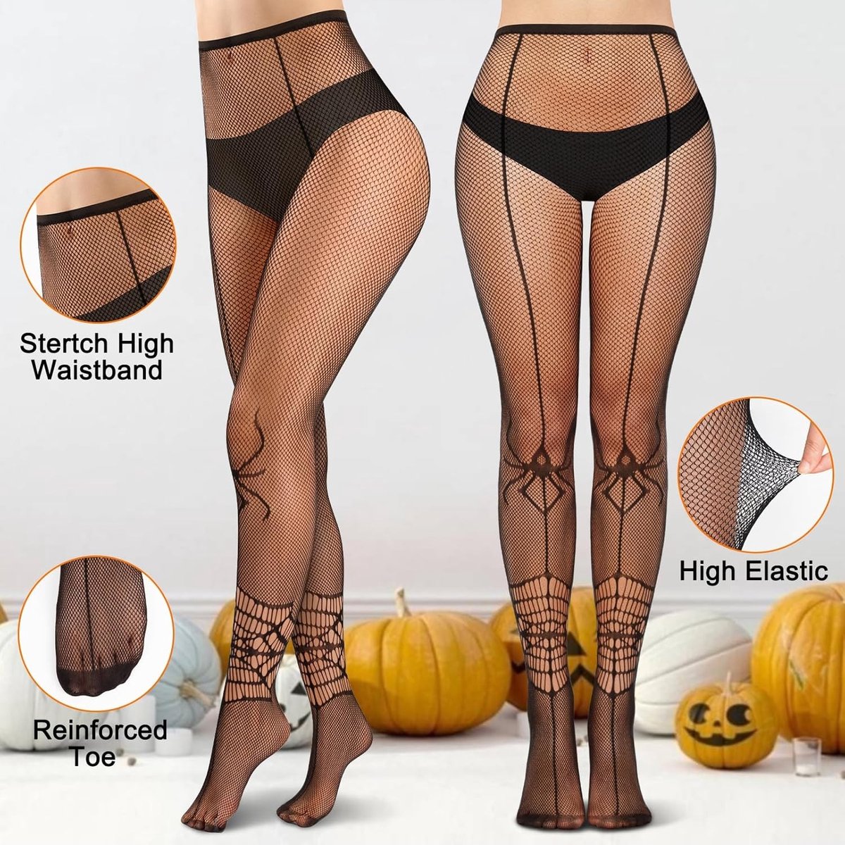 2 Paar Zwarte Halloween Visnet Kousen - Hoge Taille Kousen voor Feestjes, Clubs en Carnaval