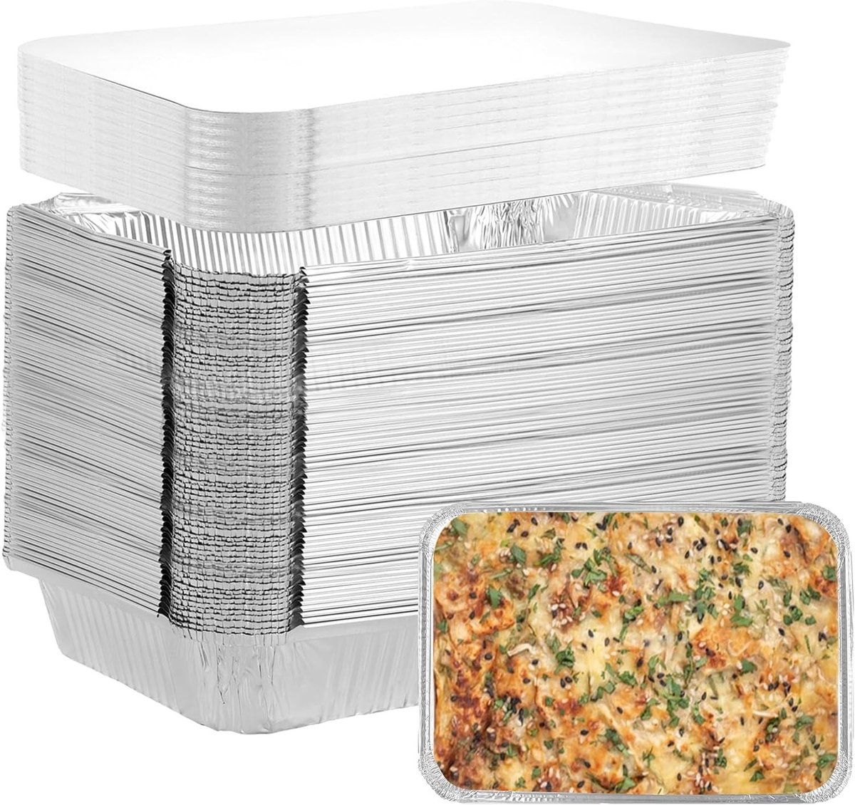 Set van 100 Aluminium Bakvormen met Deksel, Rectangulaire Aluminium Mallen 850ml voor Oven, Grill en Catering, Ideaal voor Afhaalmaaltijden en Bakken