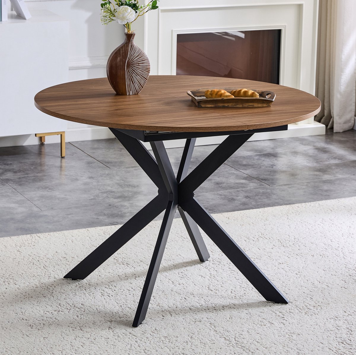 FloraGrace Eettafel - Uitschuifbaar Van Rond Naar Ovaal - Voor 4 Tot 6 Personen In Eetkamer - MDF En Metaal - 137x107x76 Cm - Zwart Walnoot
