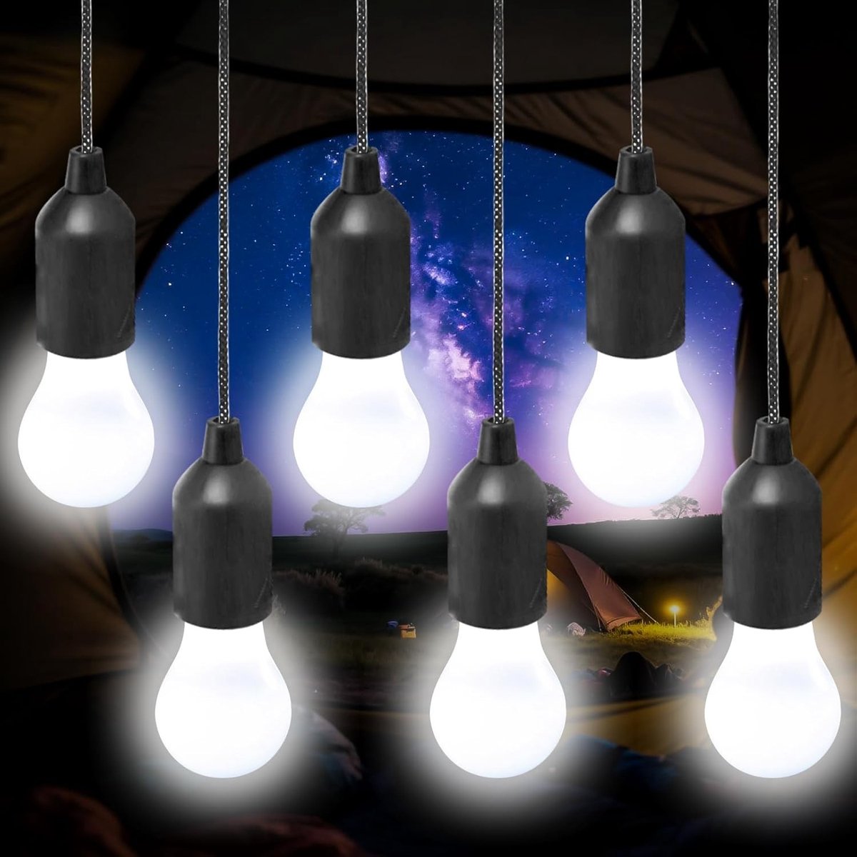 Thijox - 6 Stuks Campinglampen - Draagbare LED Campinglantaarn met Trekschakelaar - Tentlamp op Batterijen - Ideaal voor Wandelen, Vissen, Camping, Tu