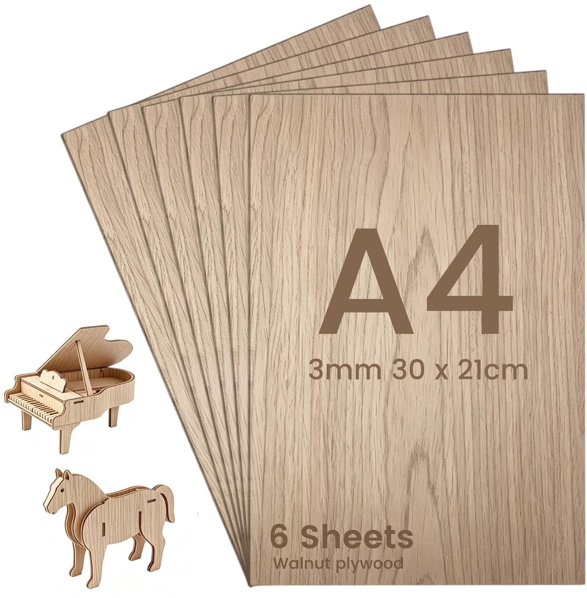 3mm Multiplexplaat, Walnoot Houtpaneel, 6 Stuks, 300 x 200mm, A4 Hout voor Lasergraveren, CNC Snijden en Modelbouw DIY