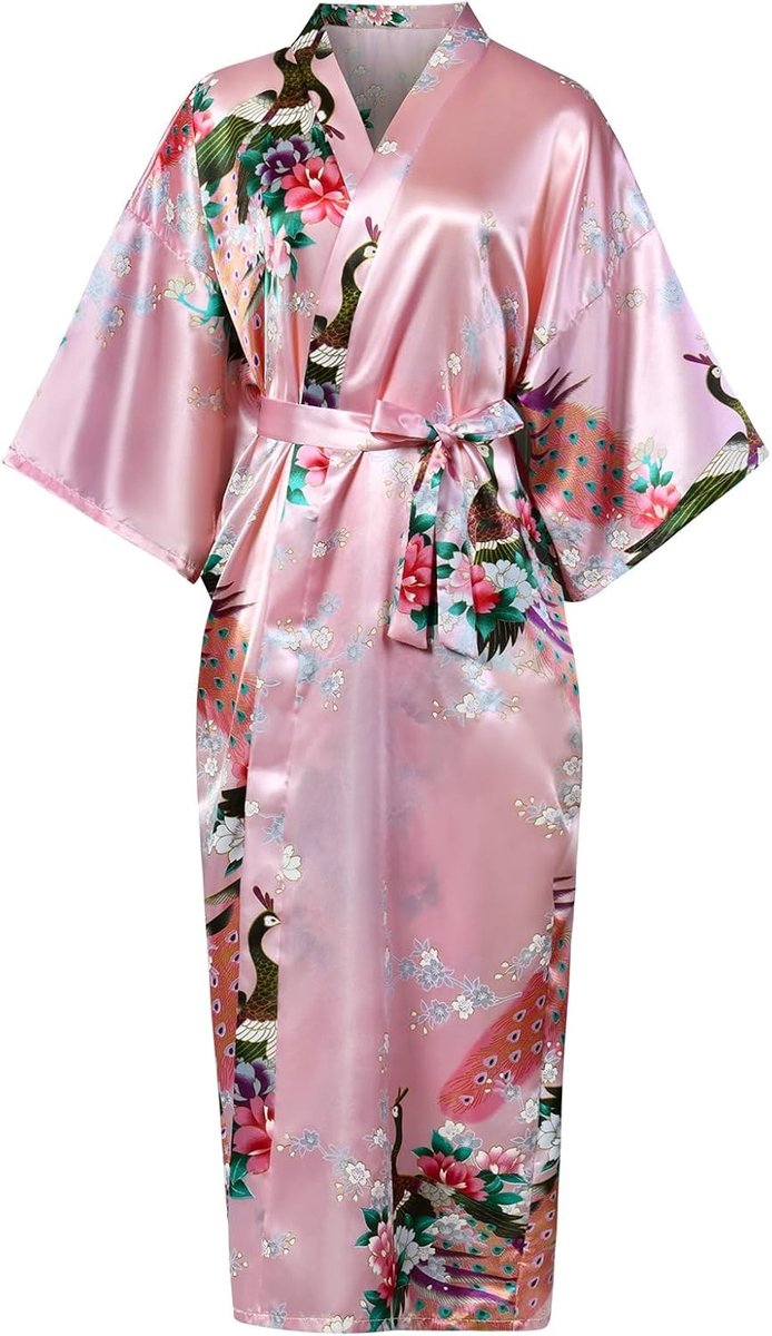 Elegante V-hals Satin Kimono Dames Badjas met Ceintuur - Luxe Draagcomfort en Stijlvolle Nachtmode