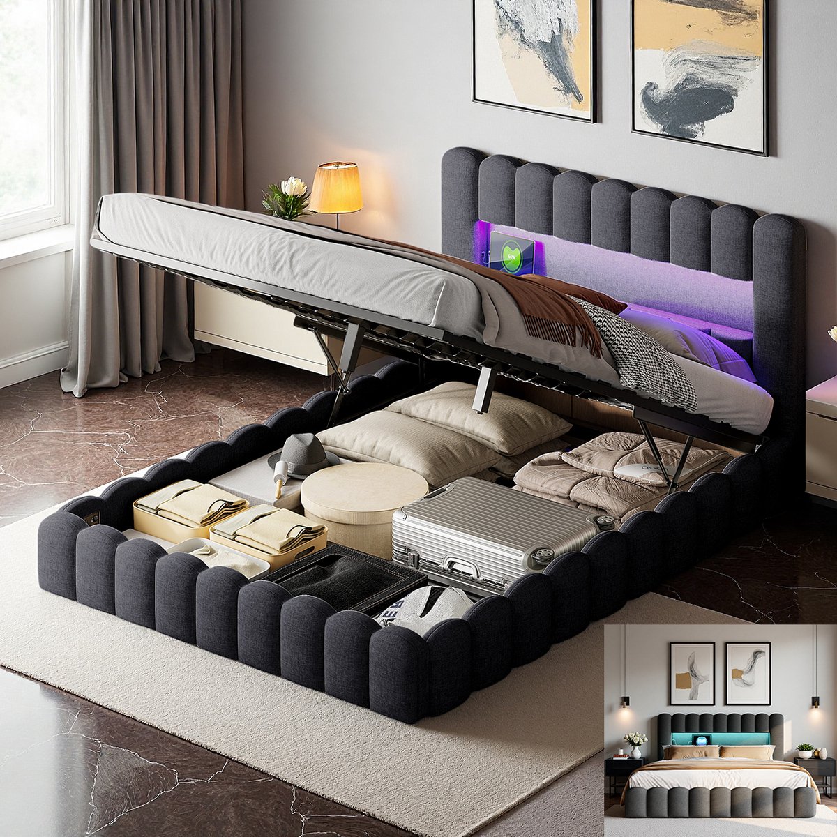 Opbergbed 140x200 cm, Tweepersoonsbed, Gestoffeerd bed, met ledverlichting en usb-aansluiting, met opbergruimte en lattenbodem, bed voor volwassenen en tieners, linnen DonkerGrijs