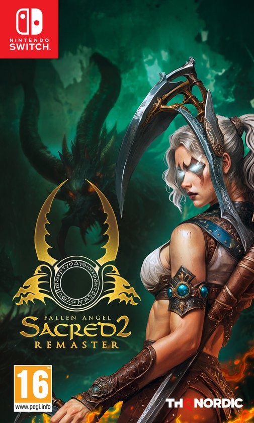 Vallen Angel Sacred 2 Remaster Nintendo Switch gamecover met een vrouw met een zeis en een draak op de achtergrond.
