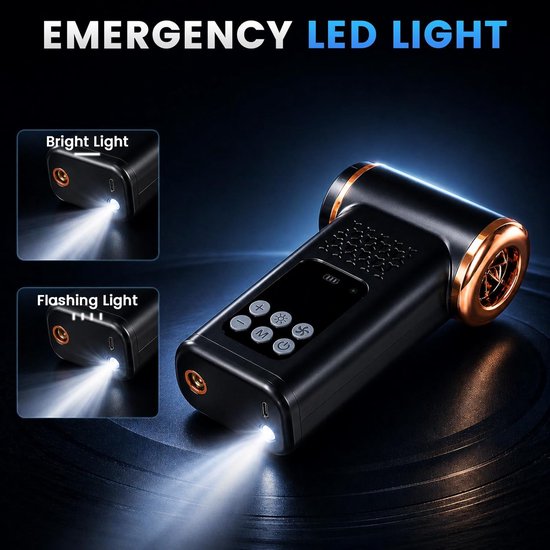 5-in-1 autostofzuiger en bandenpomp, luchtcompressor, 150 psi, draadloze draagbare bandenpomp met ventilator, digitale manometer, dual waarde-display, ledlicht voor auto, motorfiets, fiets, bal — afbeelding 4