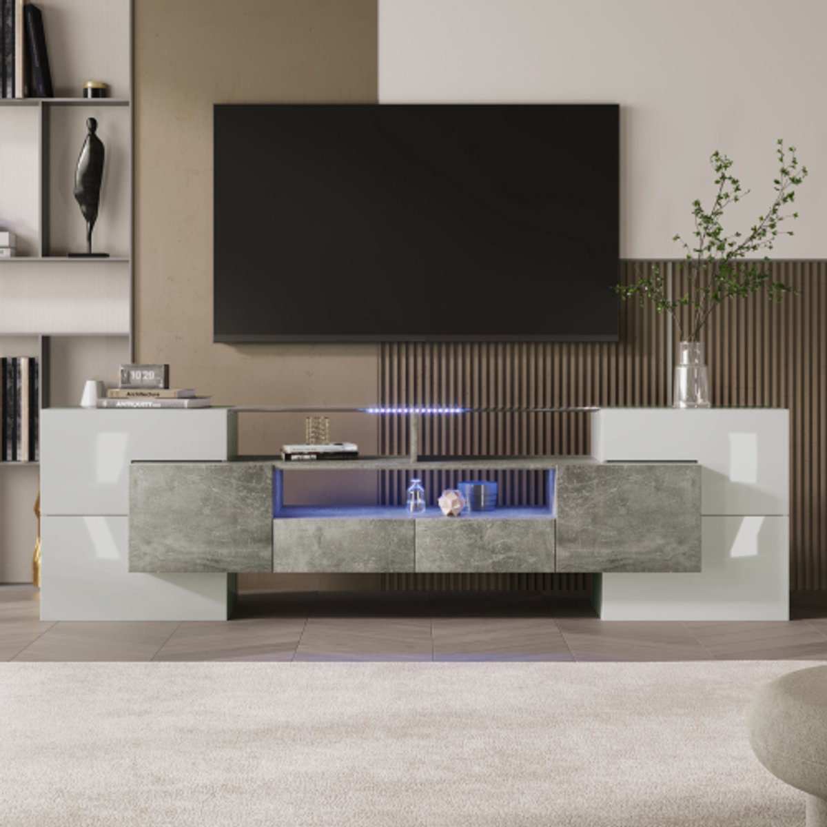 Wit-Grijs TV-Board met 6 Deuren en 2 Laden– Luxe Mediameubel 200x35x60 cm met Elegante Glasplaat