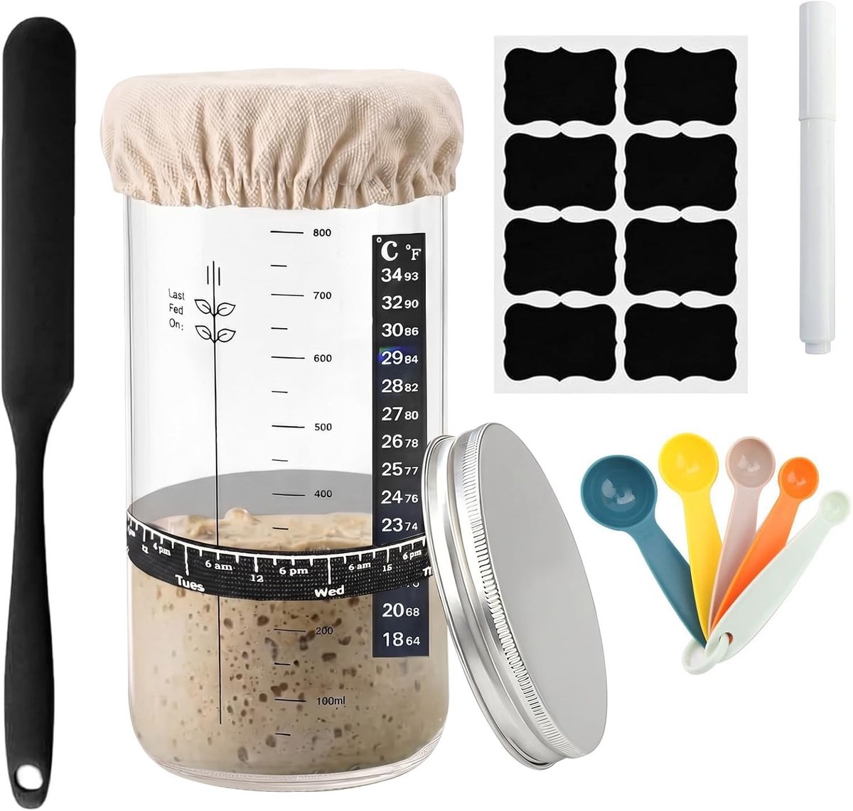 Complete 9-delige starterset voor zuurdeeg met fermentatieglas, thermometer en spatels voor beginners in thuis bakken en broodbakken