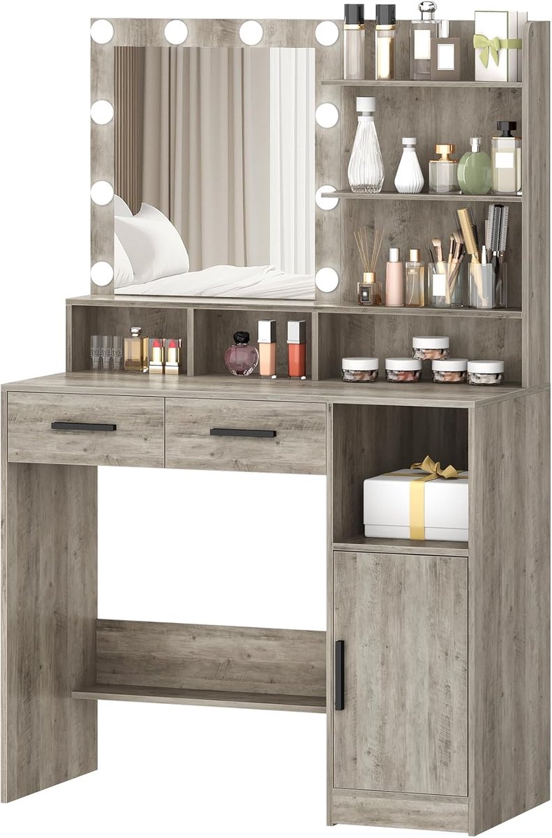 Hzuaneri Kaptafel met Spiegel en 10 Ledlampen, Make-Uptafel Met