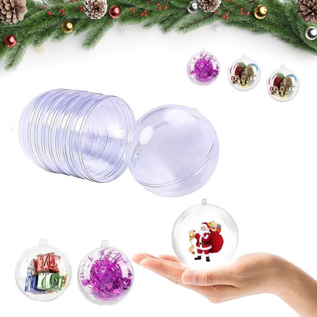 Set van 10 transparante kunststof kerstballen van 4 cm, navulbaar en hol voor veelzijdige feestelijke decoratie en creatieve kerstversiering