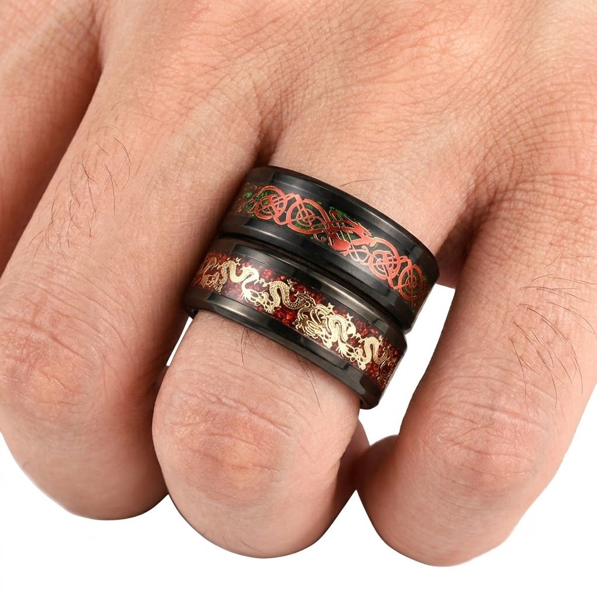 Zwartkleurige ringenset heren draken ring set maat 10 statement ringen met roodkleurig drakenpatroon brede bandringen roestvrijstalen look mode sieraden set 2 stuks