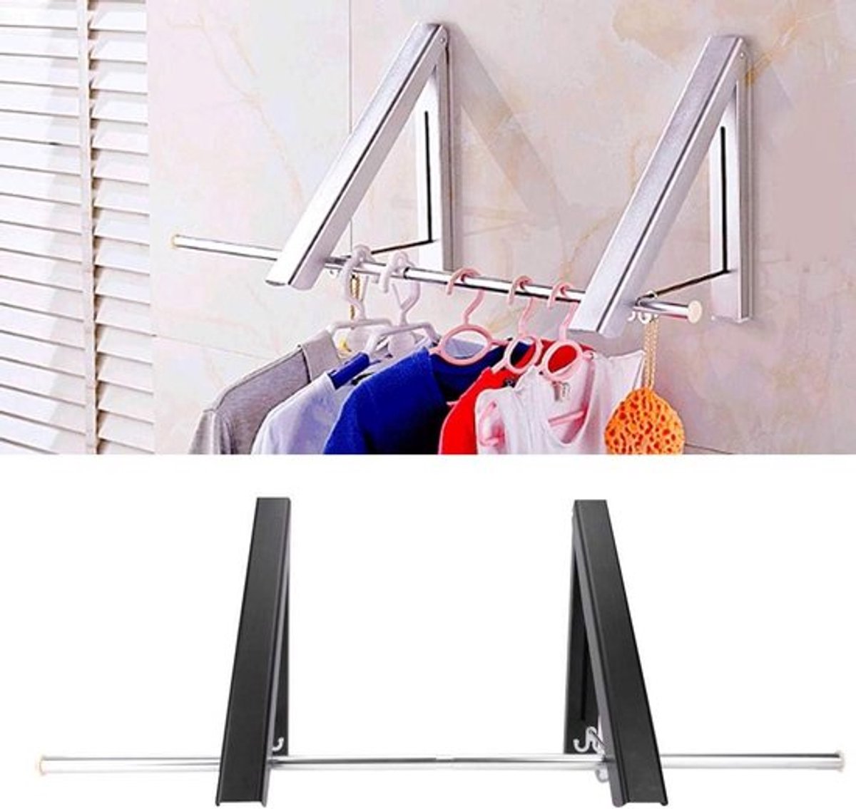 Wandgemonteerd Droogrek 120 Cm Staafruimte Aluminium Opvouwbaar Dubbele Beugel Kleerhanger - Intrekbaar Zwart