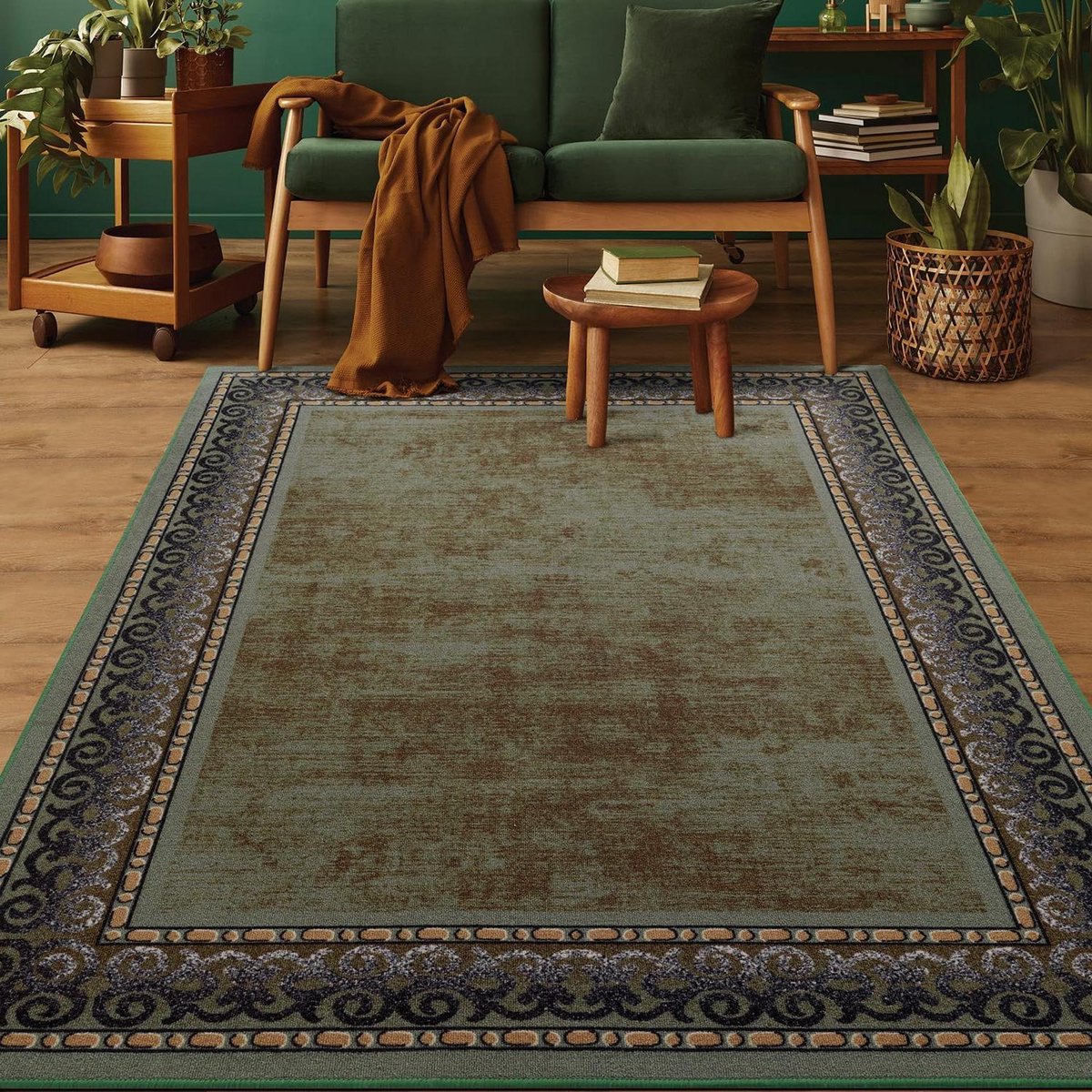 Binnen vloerkleed - Omzoomd tapijt - Woonkamer inrichting - Antislip rubberen achterkant - 150 x 213 cm - Groen
