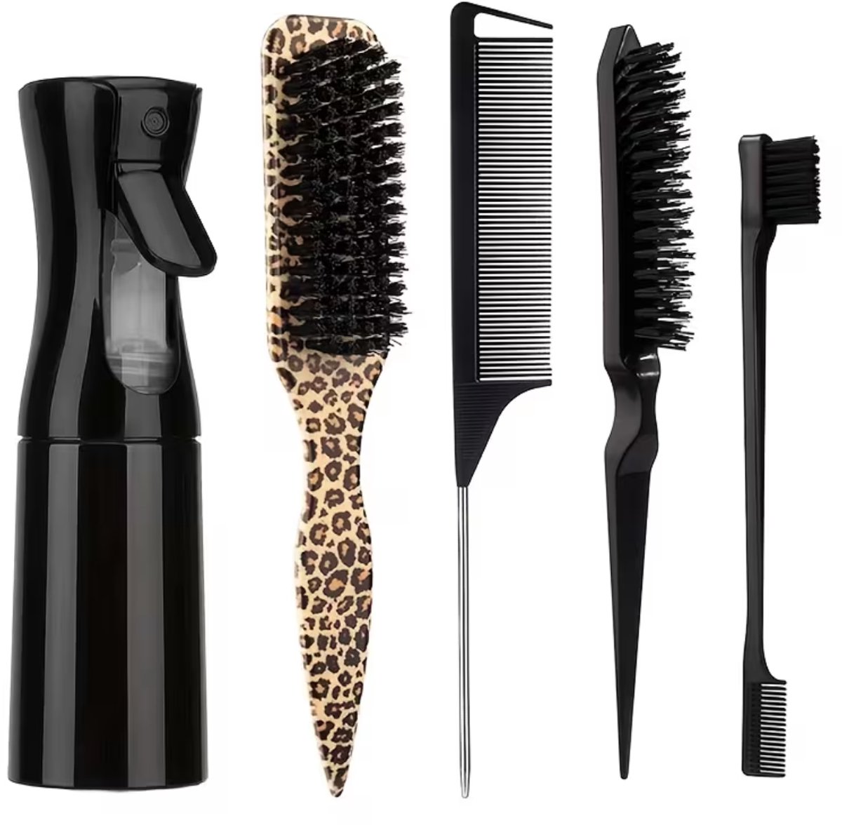 FA-VE Slick Back Set Panterprint – 5-delige Haarstyling Set met Sprayfles – Slick Back Brush – Toupeerkam – Stylingborstel – Baby Hair Borstel - Panter