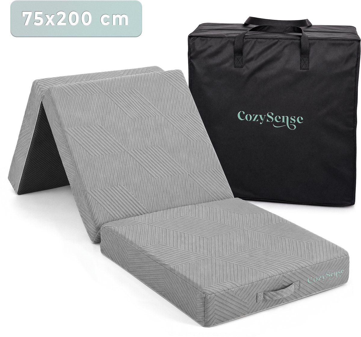 CozySense® Opvouwbare Matras 75x200 cm – Logeermatras – Vouwmatras – Gel Traagschuim – Afneembare Hoes & Draagtas – 15 cm Dik – Medium