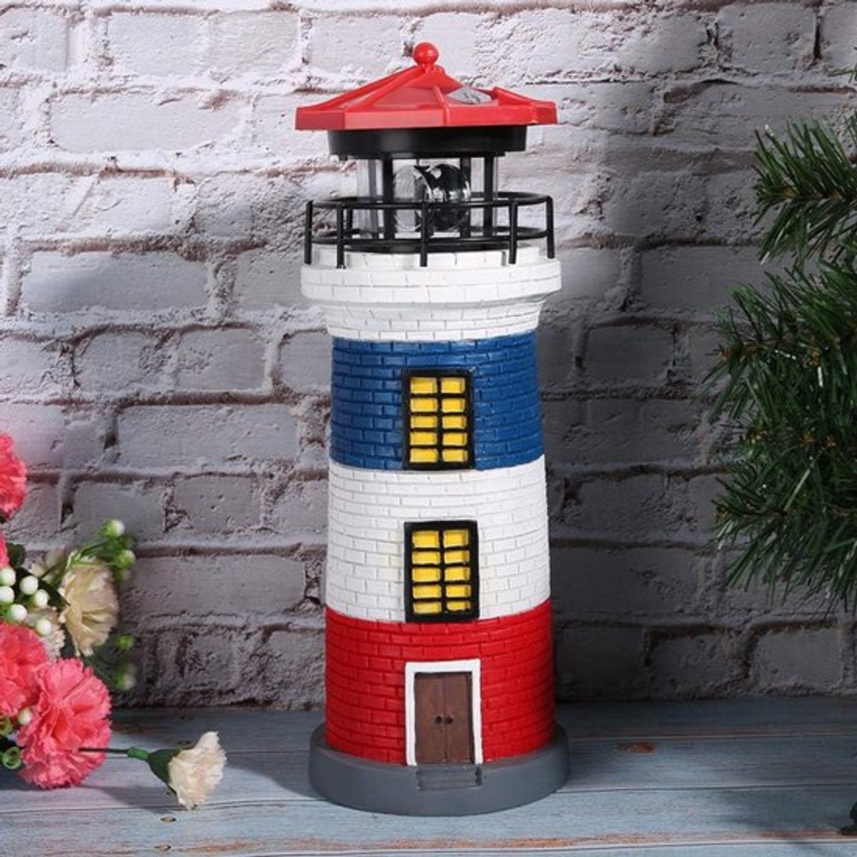 Vuurtoren tuinlamp, op zonne-energie werkende waterdichte, roterende nautische LED-terrasverlichting voor gazon, patio en tuinpad