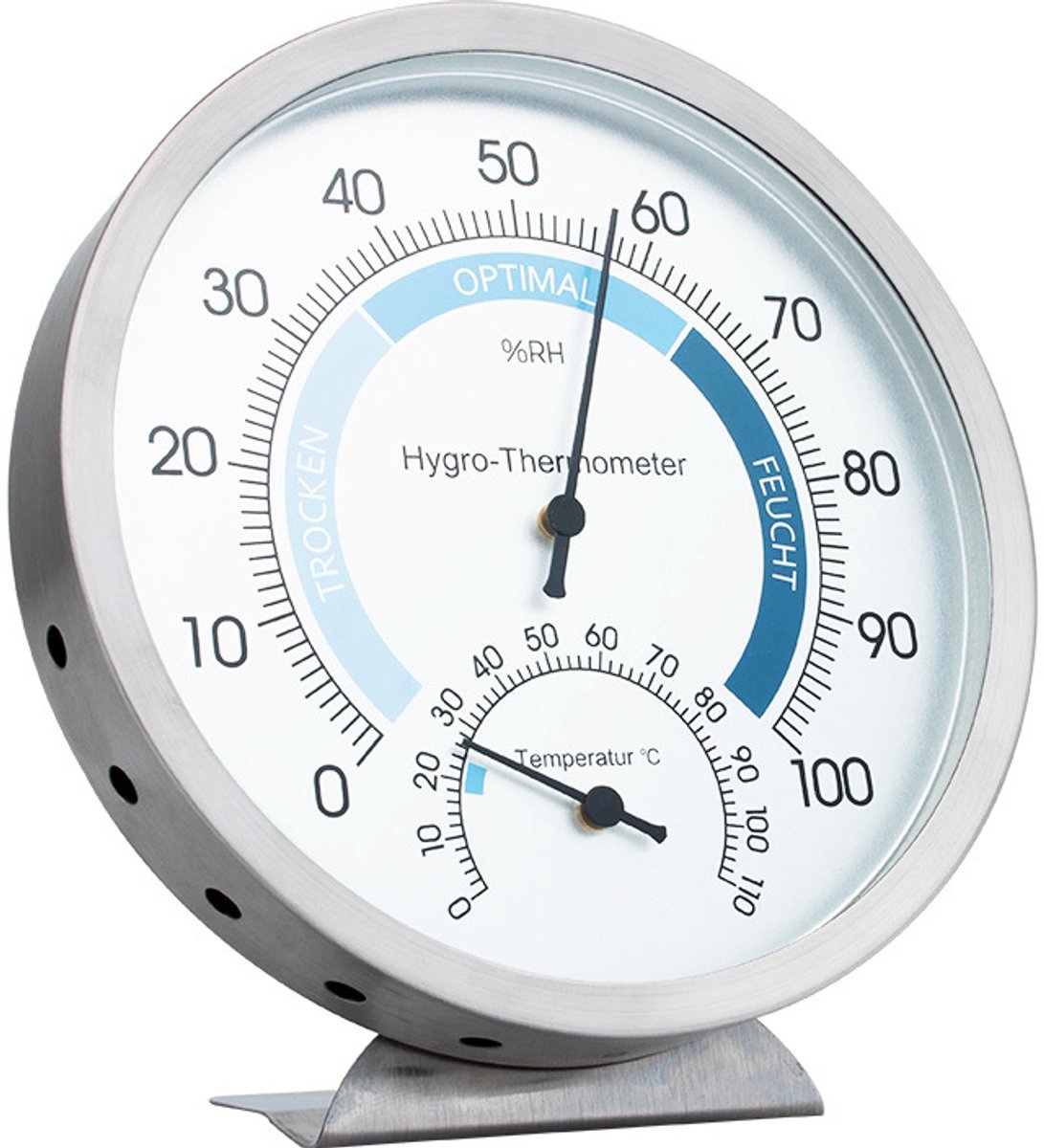 2in1 hygrometer en thermometer binnenin, temperatuur analoog Ø 12,5 cm met roestvrijstalen behuizing, geen batterij nodig