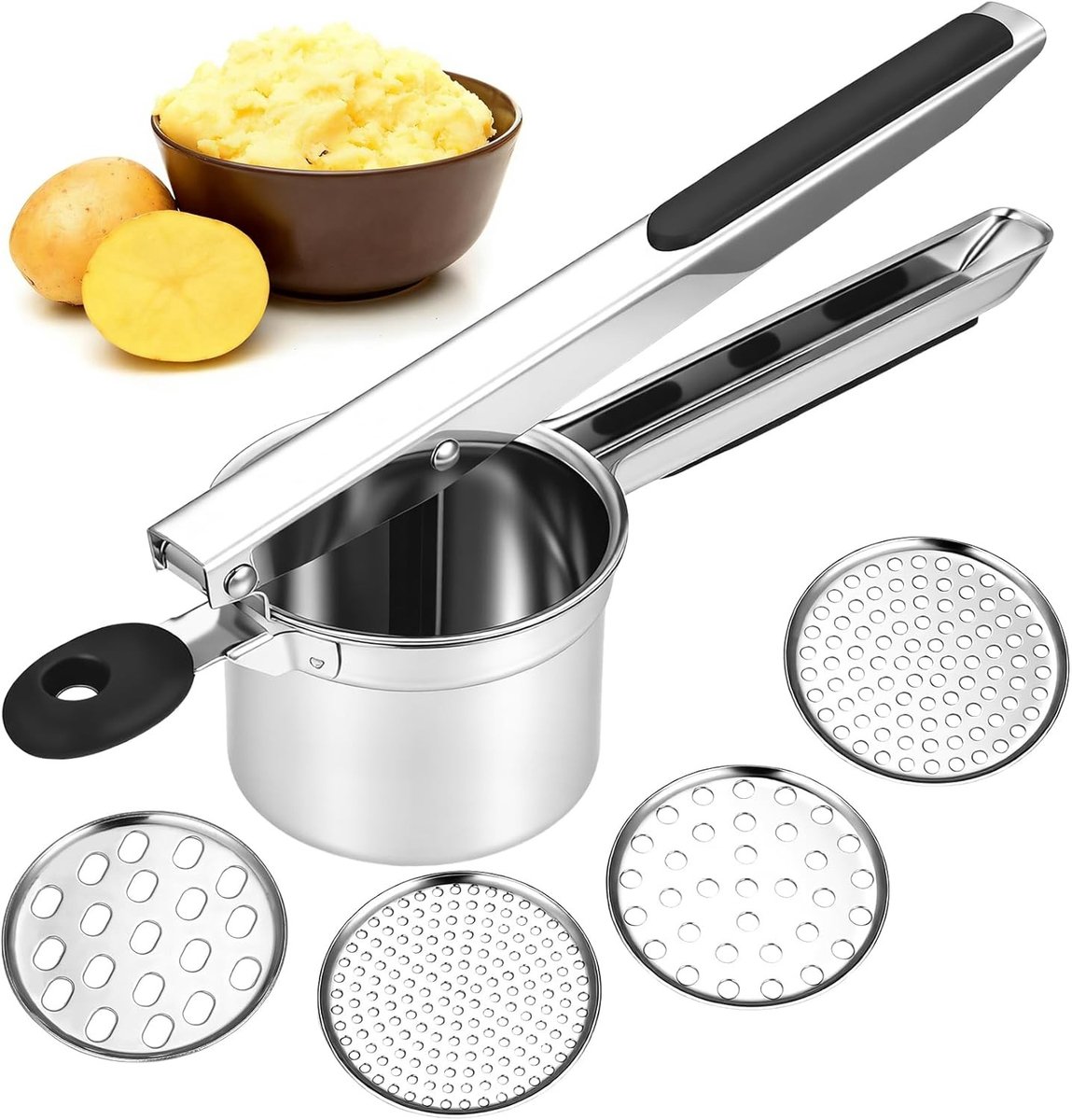 Aardappelrijst Masher van Roestvrijstaal voor Perfecte Aardappelpuree, Groentepuree en Fruitsappen met 3 Vervangbare Schijven