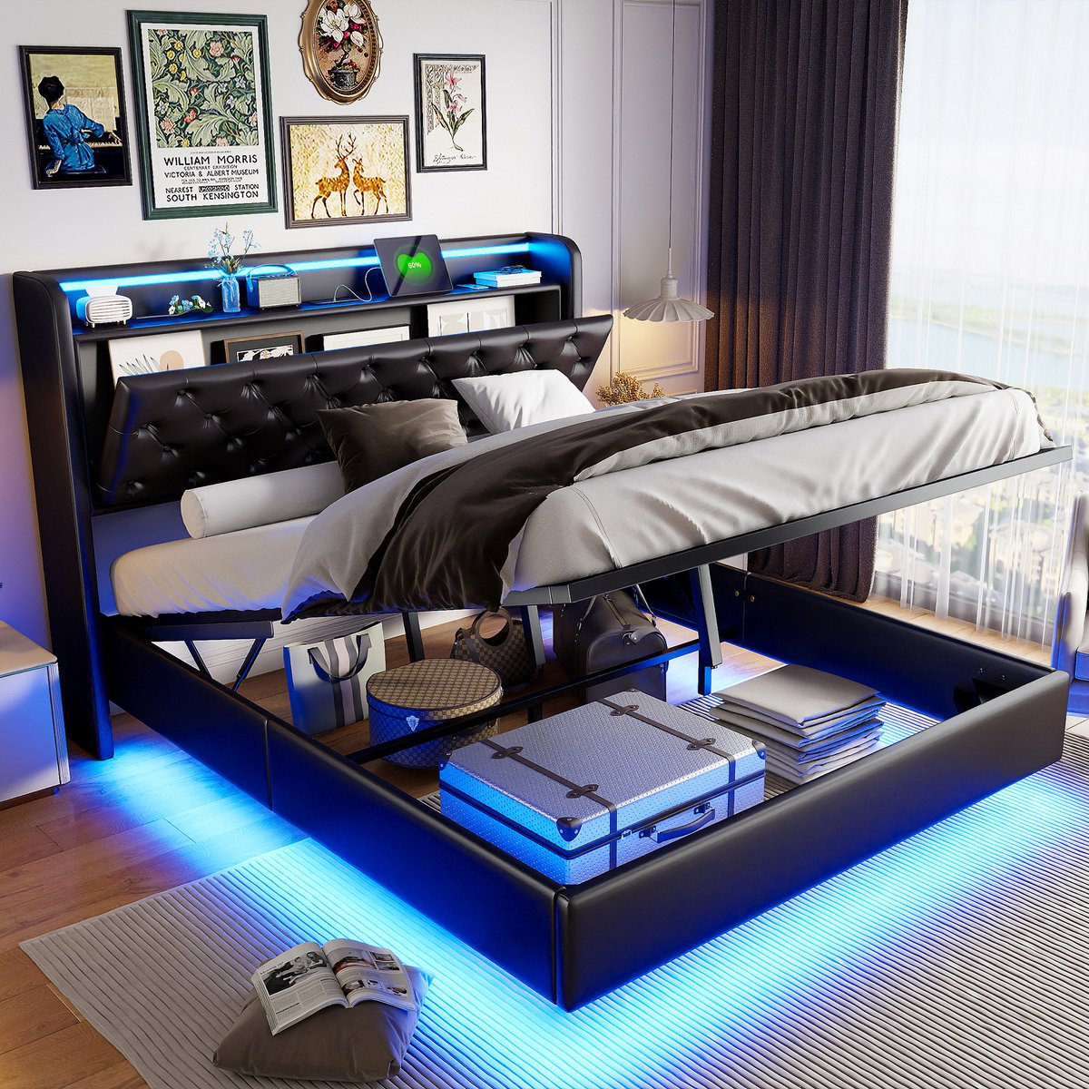 Opbergbed 140x200 cm, Tweepersoonsbed met ledverlichting en USB-poort, Gestoffeerd met hoofdbord, bedframe 140x200 met lattenbodem en opbergruimte, PU-materiaal Zwart