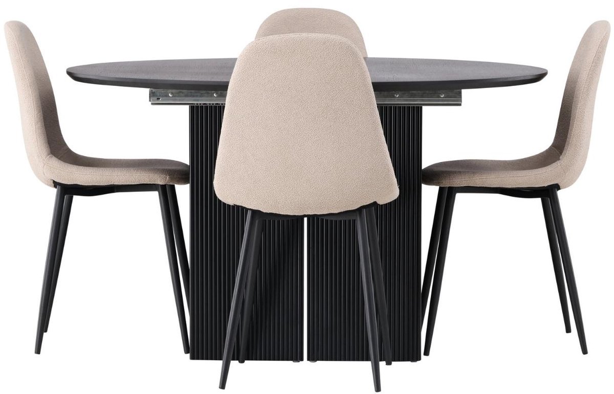 Matilda eethoek eettafel met uitschuifbare functie zwart 4 stoelen bouclé beige.