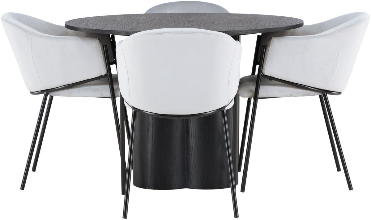 Olivia eethoek eettafel zwart 4 stoelen velours grijs.