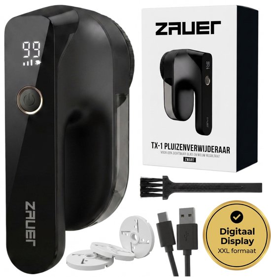 Zwarte ZAUER TX-1 pluizenverwijderaar met digitaal display en accessoires.