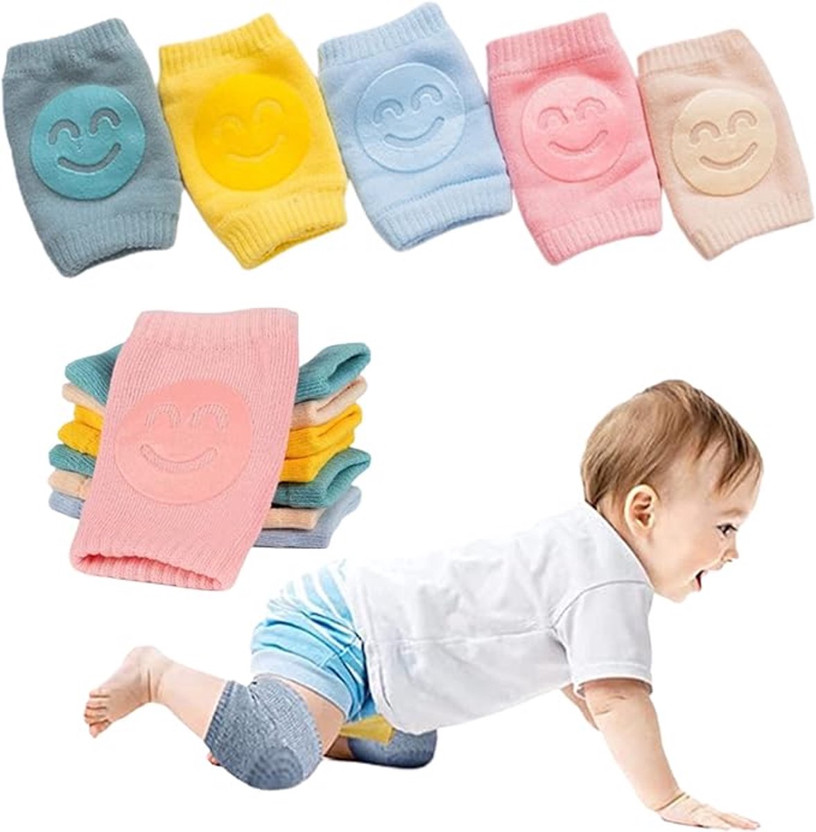 Baby Kniebeschermers - Elastische kniebeschermers - Babysokken met Grip – Baby Kruipsokken - Antislip - Zachte Kniebescherming - voor baby's, peuters, kinderen, jongens, meisjes - 5 paar - 0-24 maanden