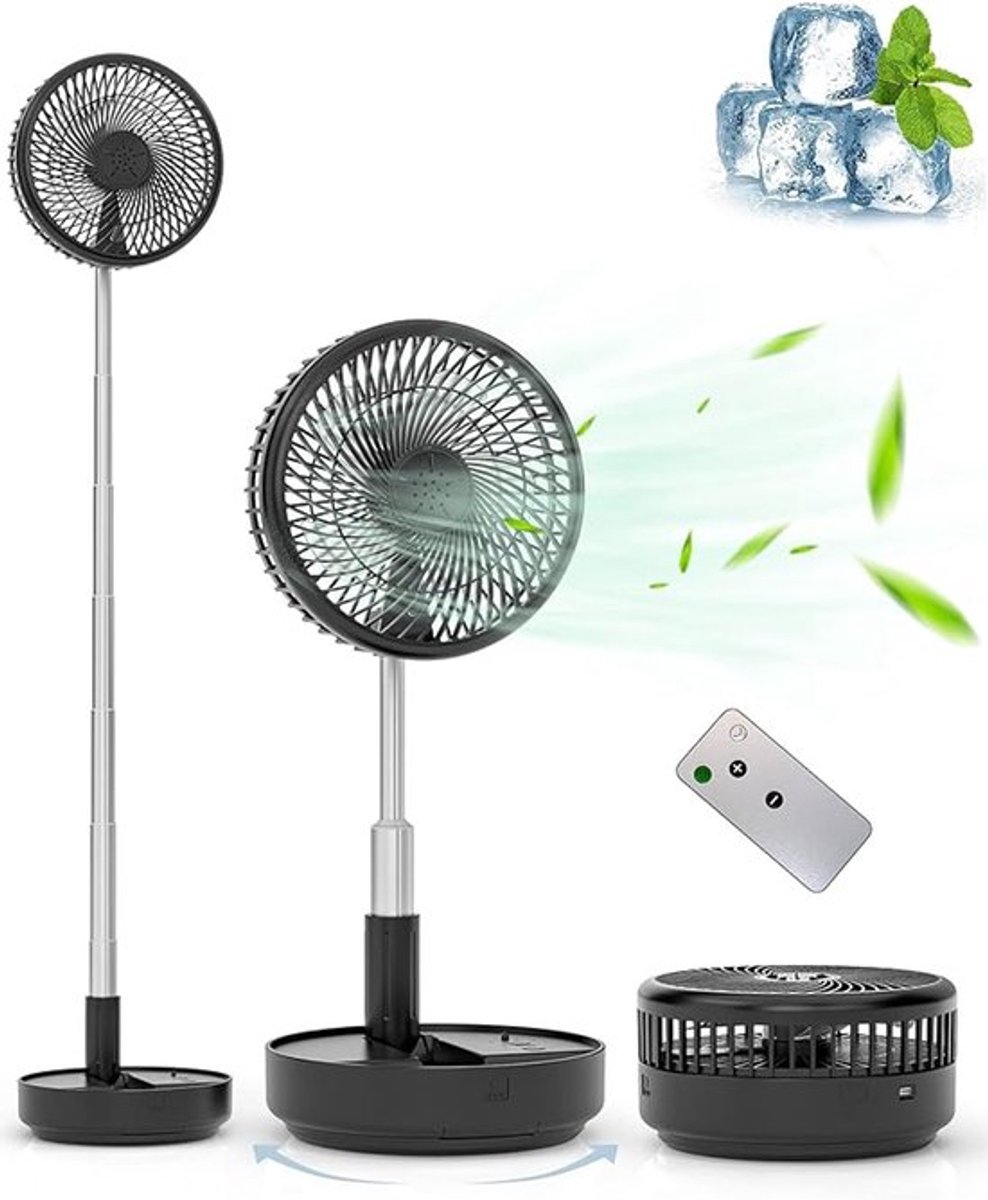 Tafel-/vloerventilator - Telescopisch en opvouwbaar met zwenkfunctie - Afstandsbediening - Vier windsnelheden - Tafelventilator - Oplaadbare batterij - Zwart