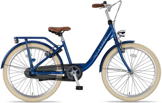 Blauwe Altec meisjesfiets met bruin zadel en handvatten, crème banden en bagagedrager.