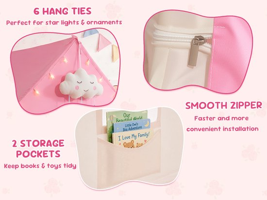 YEERSWAG Prinsessen Speeltent voor Kinderen - Roze Speelhuis met LED Sterrenverlichting, Speelmat en Opbergtas - Binnen & Buiten - 128 x 118 x 102 cm — afbeelding 5