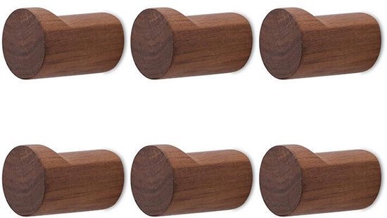 Zes bruine, houten, cilindervormige wandhaken.