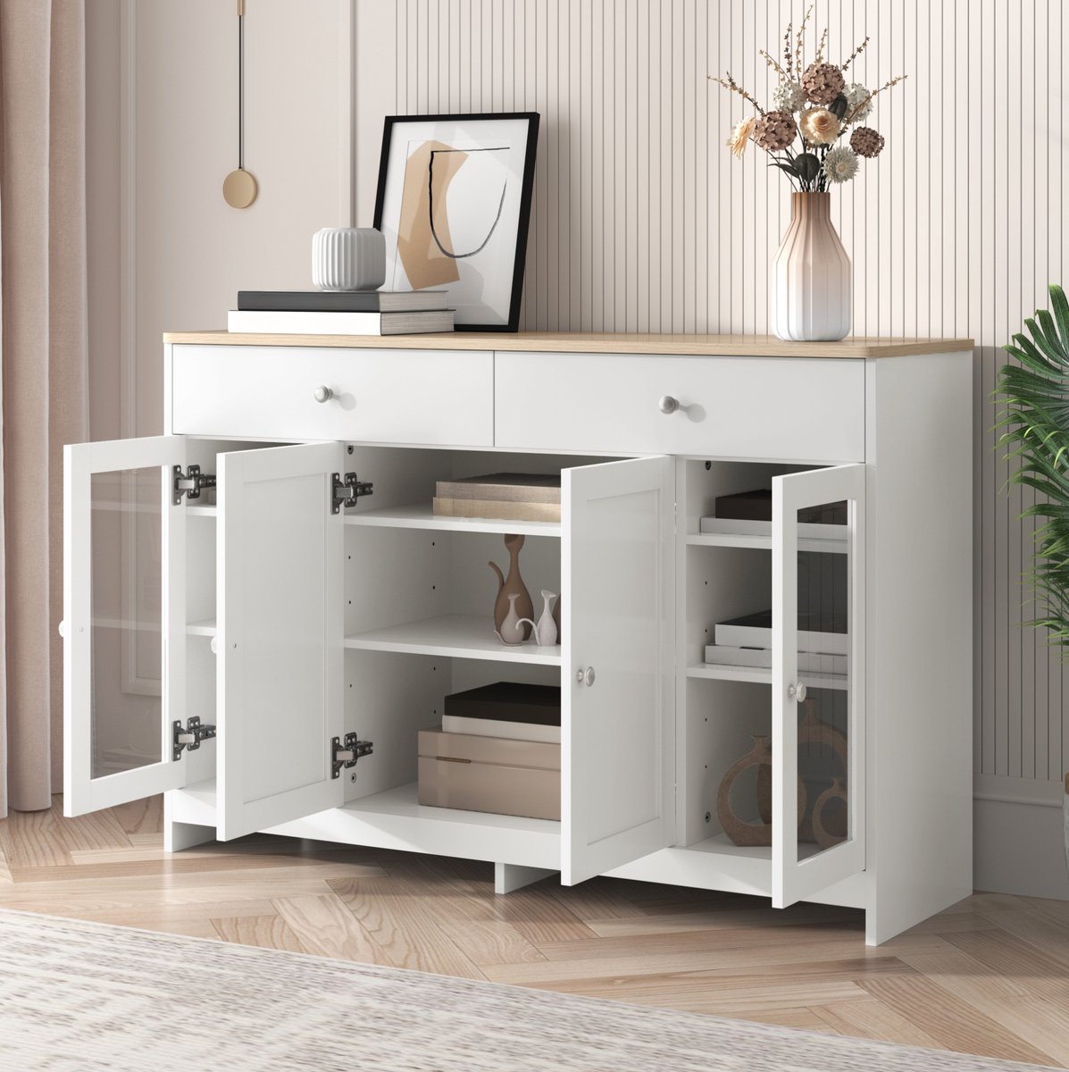 STILVORA Buffetkast - Landelijke Opbergkast Met 4 Deuren En 2 Lades - Voor Woonkamer En Eetkamer - MDF - 120x37x80 Cm - Wit;Houtkleur