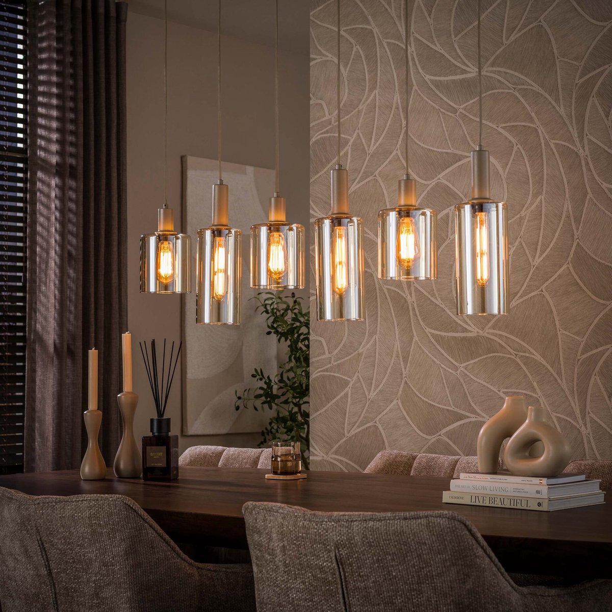 PS-Collection Hanglamp Beige Glas Metaal 6-lichts - Sepiora - hanglampen eetkamer, hanglamp zwart, hanglampen woonkamer, hanglamp slaapkamer, hanglamp rotan, hanglamp hout, hanglamp industrieel, hanglamp glas, hang lamp