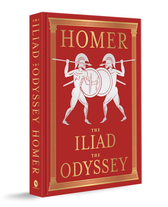 Lettres dorées sur couverture rouge : Homère, L'Iliade et L'Odyssée. Deux soldats représentés avec des lances et des boucliers.