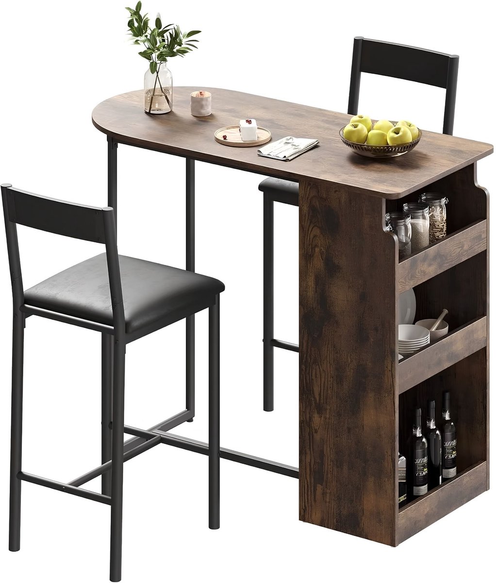 Keukentafel met 2 Stoelen - Compact design met Opbergrekken - voor keuken en eethoek - Bruin Hout en Zwart Metaal