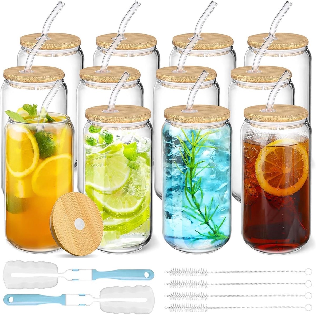 Drinkglazen Set - Borosilicaatglas - Met Bamboe Deksels - Herbruikbare Rietjes - Voor Drankjes Thuis en Op Feesten