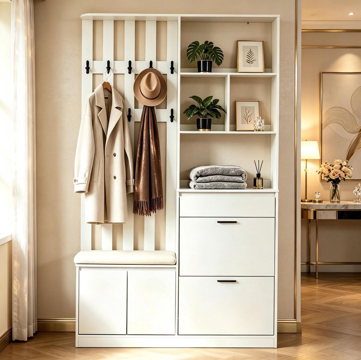 Wishdor - Halmeubel - Multifunctionele garderobekast met zitbank, 2 schoenkleppen, lade en 10 haken - Scandinavisch - Hal - Houtlook - Wit - 120 x 30 x 200 cm