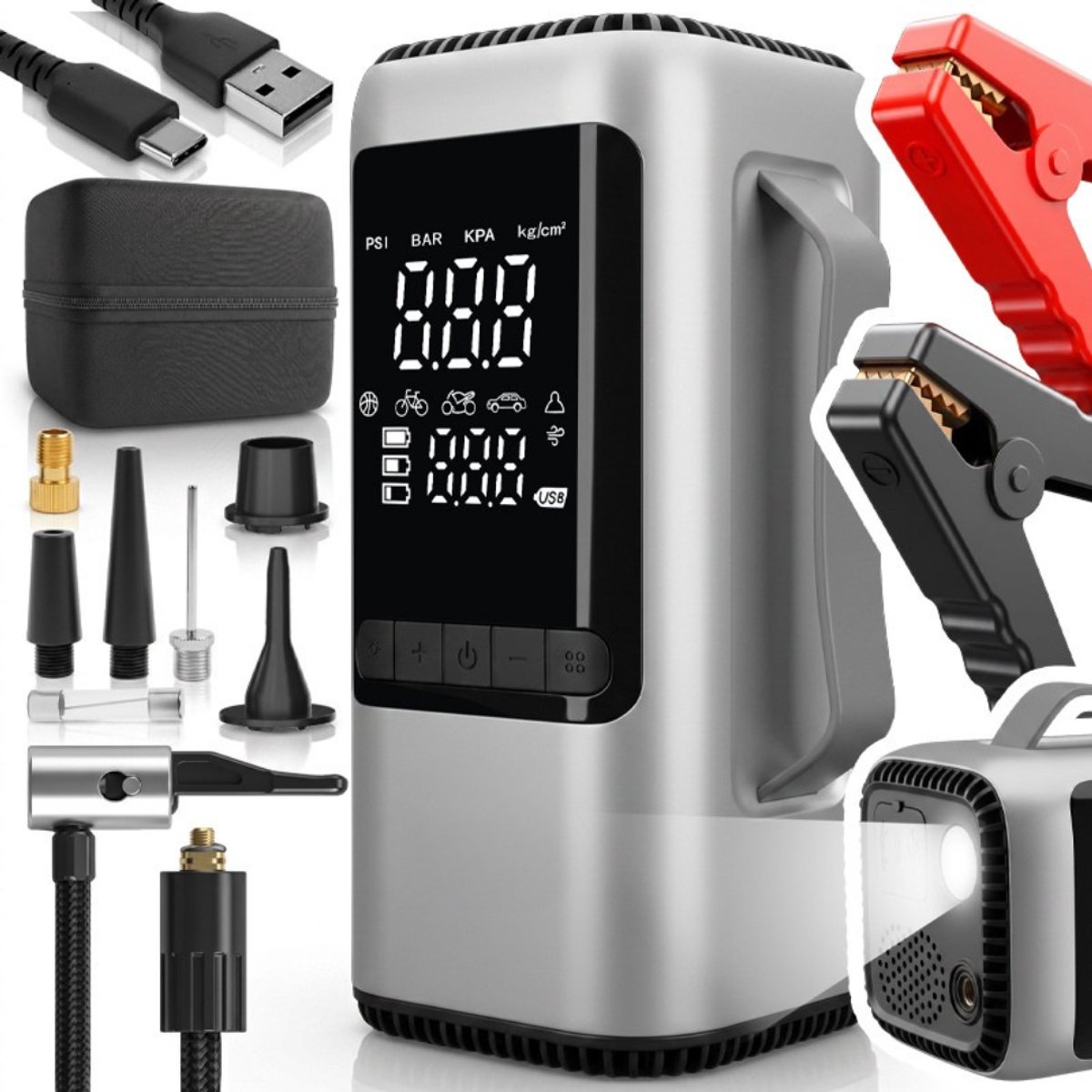 MOZY® - Jumpstarter - 8000mAh - met Zaklamp, Bandencompressor, Powerbank en Drukmeter - in Opberghoes - Startbooster - Bandenpomp - Elektrische Pomp - Compressor