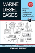 Boek 'Marine Diesel Basics 1', met illustraties van boten, een motor en onderhoudsonderdelen.