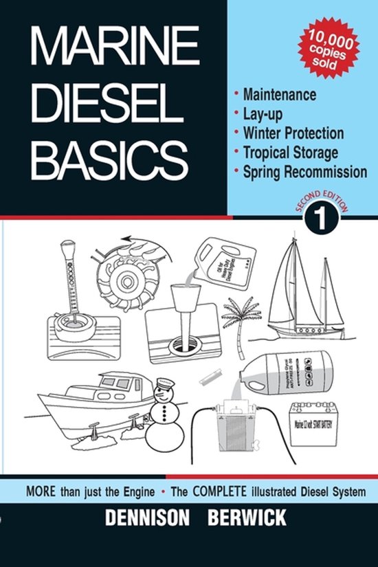 Boek 'Marine Diesel Basics 1', met illustraties van boten, een motor en onderhoudsonderdelen.