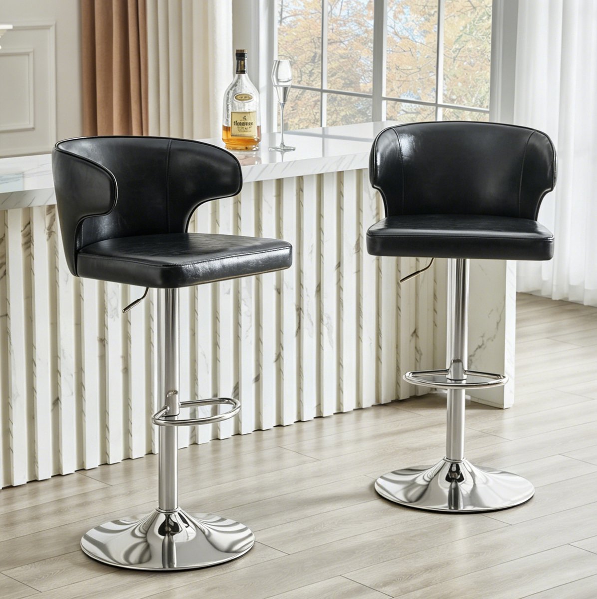 OKWISH Barkruk - Set Van 2 Met Rugleuning, Draaibare En Hoogte Instelbare Zitting - Voor Bar Of Keukeneiland - Kunstleer - Zwart