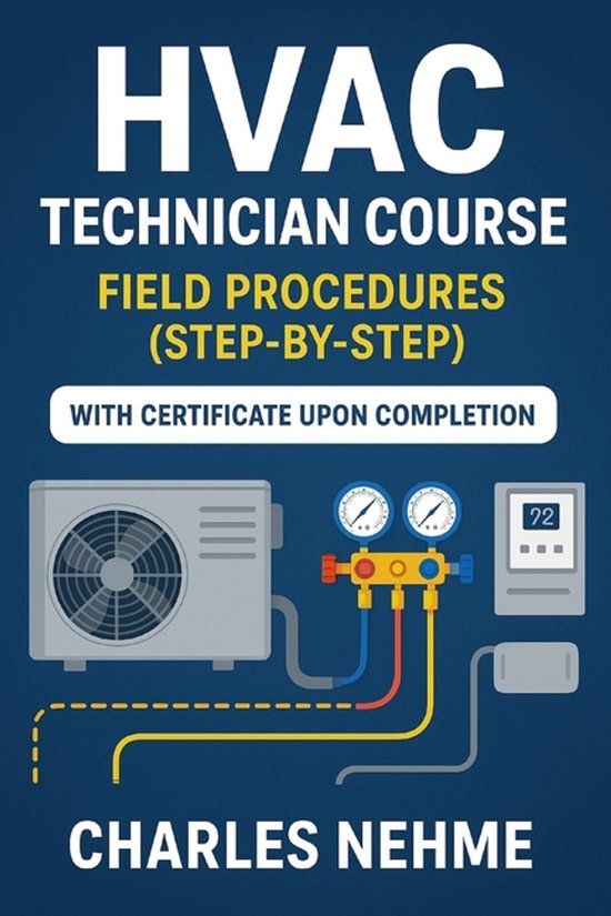Livre "HVAC TECHNICIAN COURSE FIELD PROCEDURES (STEP-BY-STEP)" avec illustration d'unité de climatisation, manomètres et thermostat. Par Charles Nehme.