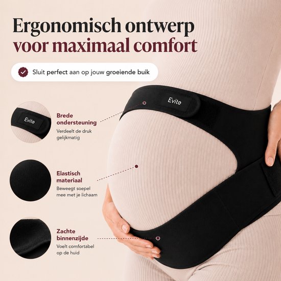 Evite Verstelbare Zwangerschapsband - Buikband Zwangerschap - Buik & Rugsteun - Discreet en Ademend - Met Waszakje - Zwart - Maat L