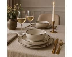 12-delige Keramische Serviesset Siena – Beige/Zwart – 4 Dinerborden, 4 Dessertborden & 4 Kommen