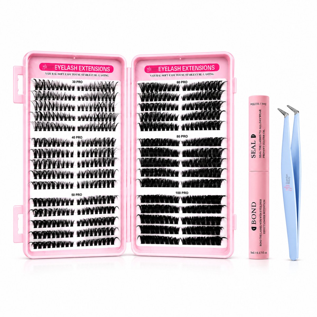 Guardian Beauty Wimper Extensions Set - DIY Cluster Wimpers 100D Mix - Bond & Seal Wimperlijm 10ml - Dubbelkoppig - Inclusief Blauw Pincet