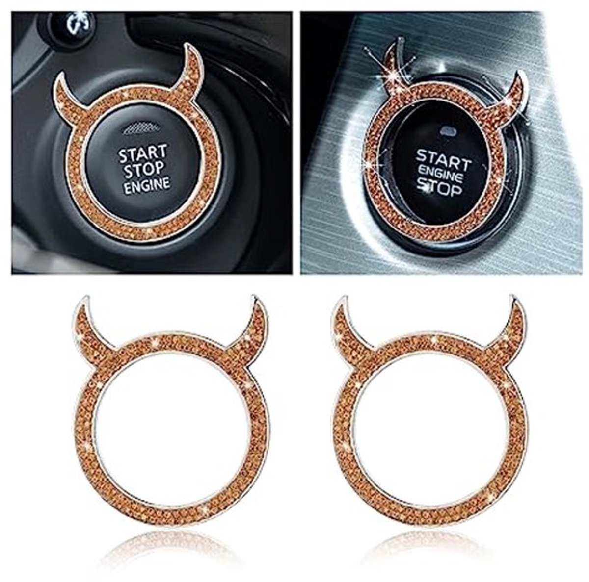 2 x start-/stopknop voor auto, decoratieve ring, glinsterend, bezet met diamanten, ringknop, vrouwelijke auto, decoratieve accessoires, (melocot), 2 stuks
