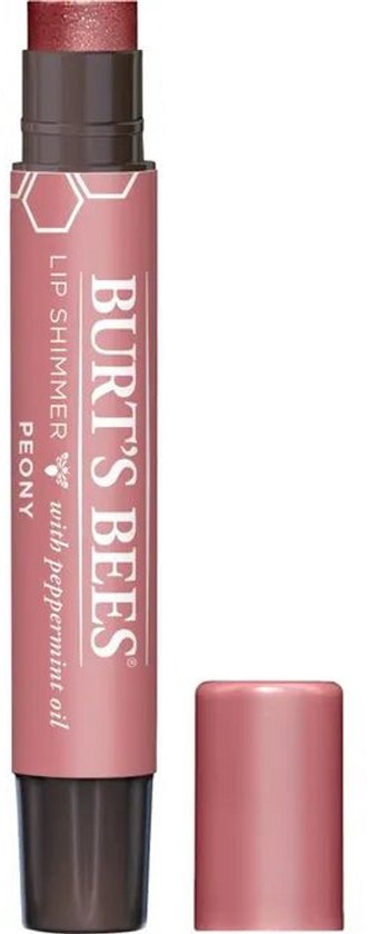 Burt's Bees Lip Shimmer kleur Peony, met een roze huls en dop.