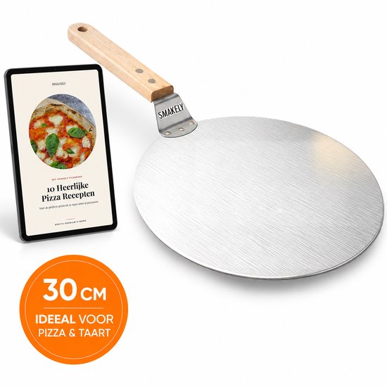 Smakely® Pizzaschep RVS - Inclusief gratis e-book - Taartschep - Rond met houten handvat - Voor oven en BBQ - Pizzaspatel - Keukengerei - BBQ accesoires - Pizzasteen - Diameter 30cm - Spatel