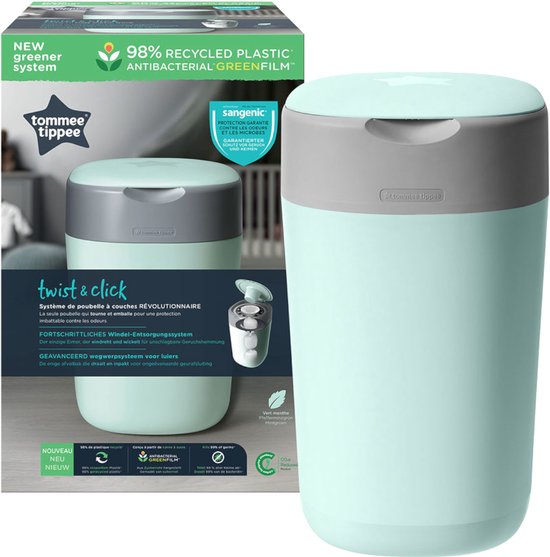 Mintgroene Tommee Tippee luieremmer met grijze deksel, 98% gerecycled plastic, 'twist & click' systeem.